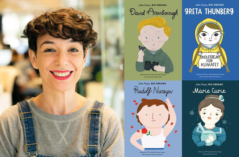 Collage of Maria Isabel Sanchez Vegara and a selection of her book covers